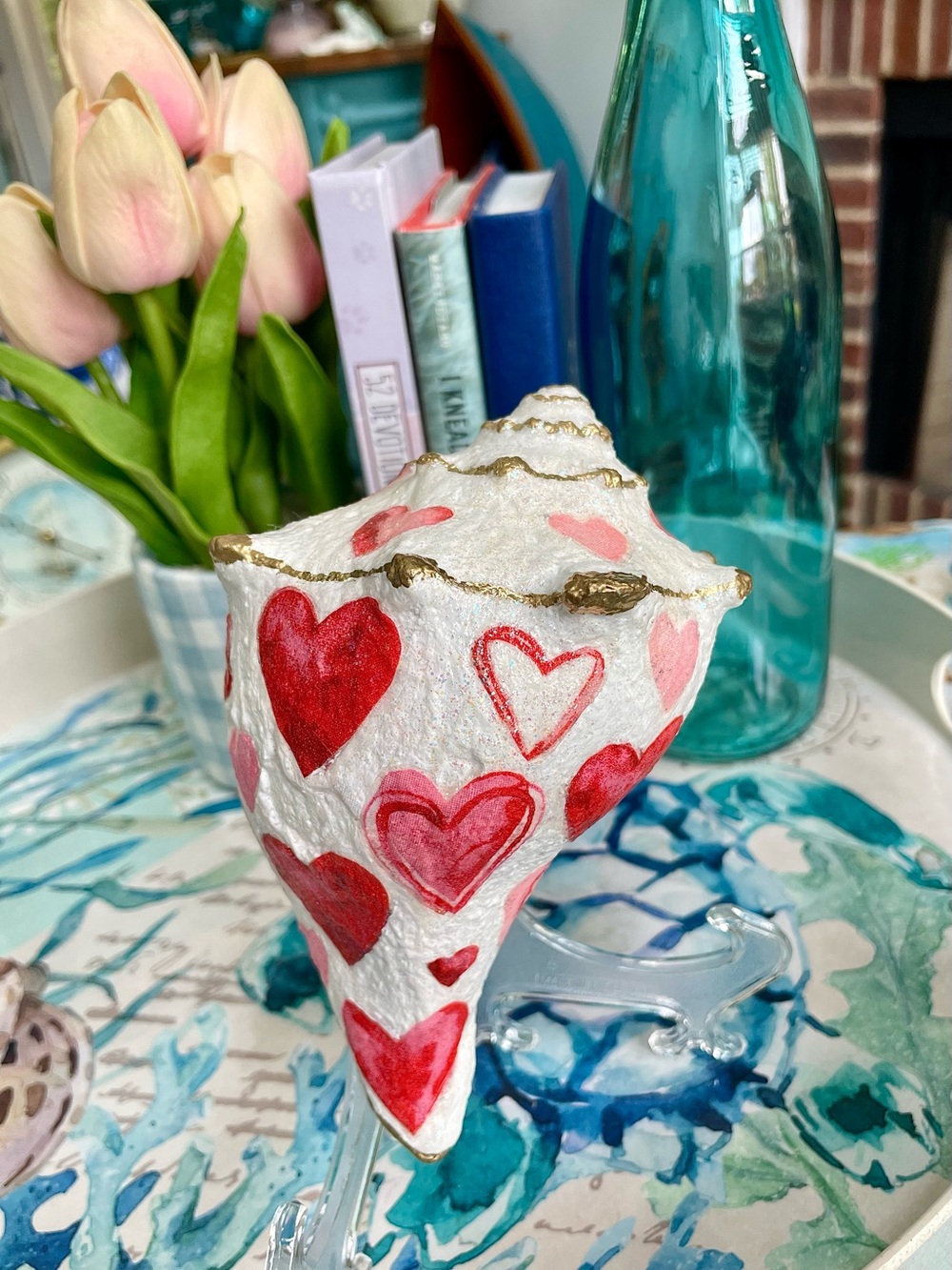 Valentine Themed Whelk Shell Art - Handmade- Coastal Decor- Red Pink Hearts